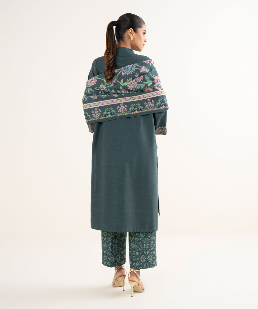 Women's Unstitched Light Khaddar Embroidered Green 3 Piece Suit