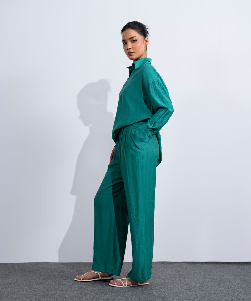Women's Western Teal Green Textured Pleated Trousers