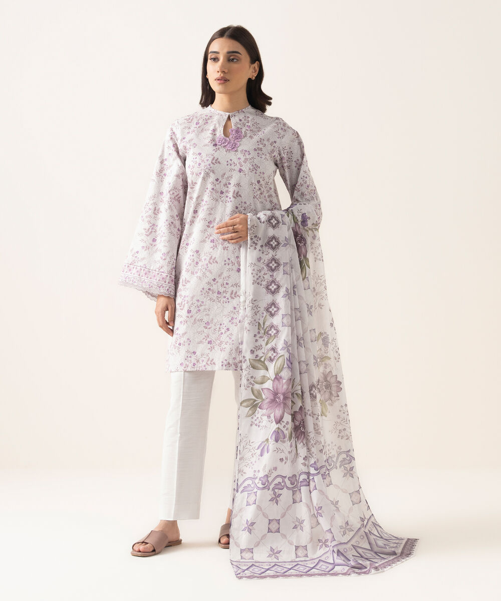 Women's Unstitched Lawn Printed Purple 3 Piece Suit