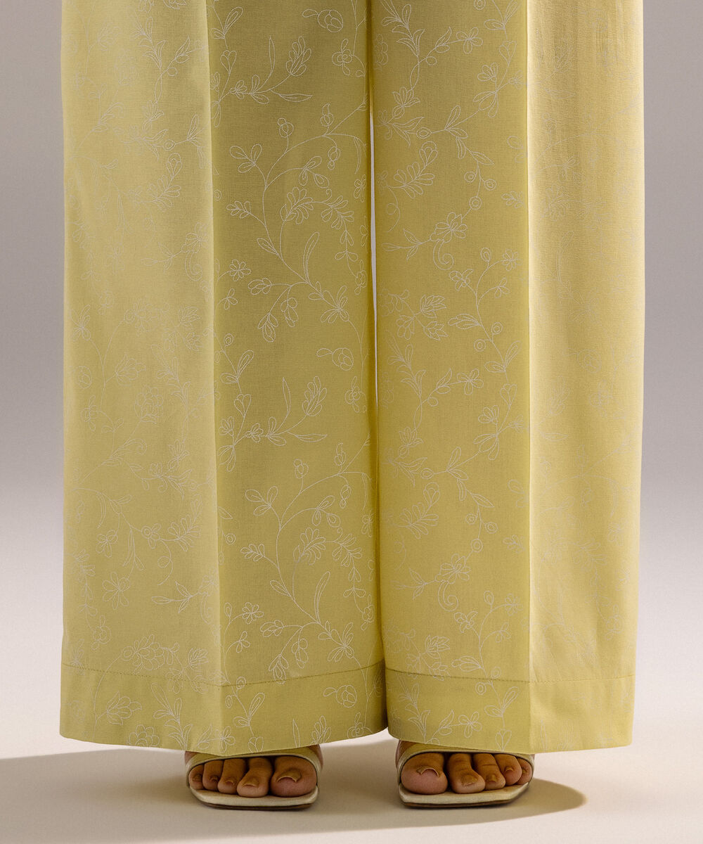 Women's RTW Cambric Printed Lime Yellow Flared Pants