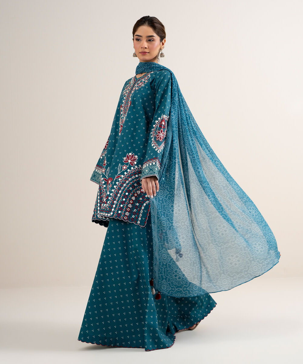Women's Unstitched Lawn Embroidered Blue 3 Piece Suit