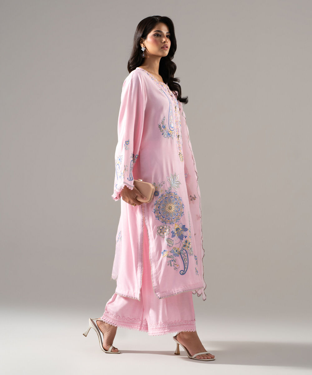 Women's RTW Raw Silk Solid Embroidered Pink 3 Piece Suit