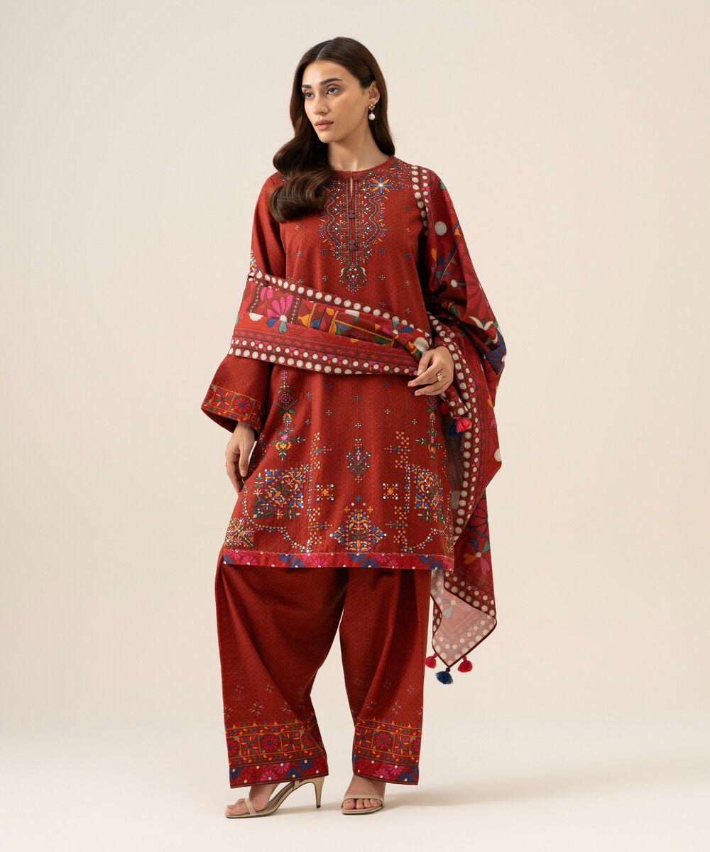 Women's Unstitched Light Khaddar Embroidered Red 3 Piece Suit