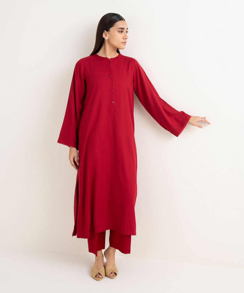 Women's RTW Textured Arabic Red Solid Straight Shirt