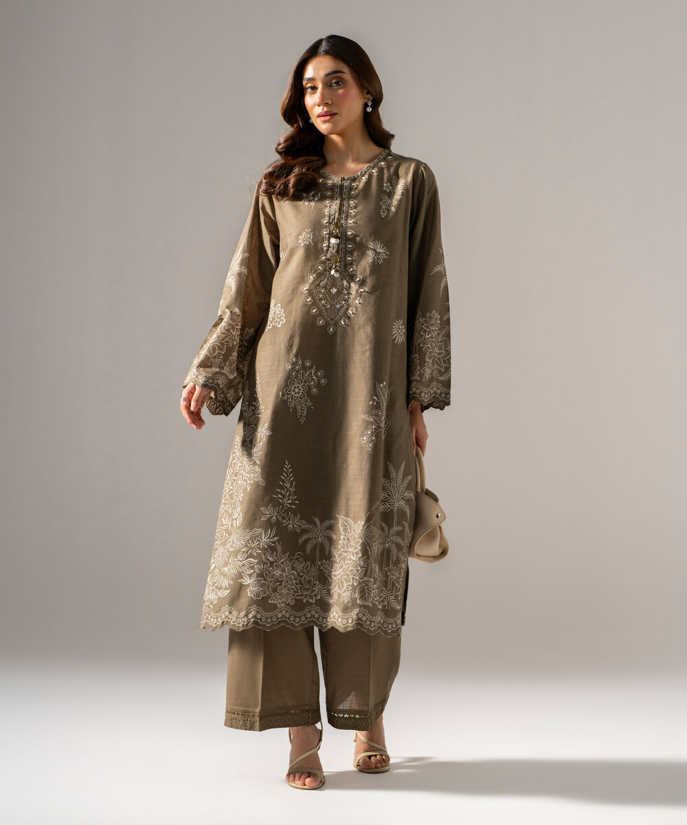 Women's RTW Cross Hatch Printed Embroidered Muted Green Straight Shirt