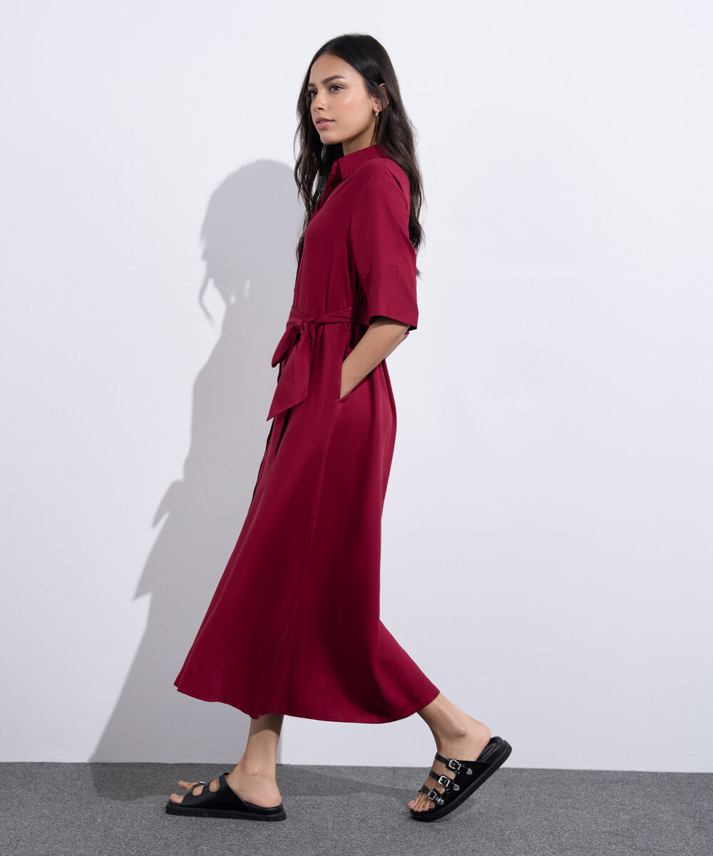 Women's Western Wear Red Short Sleeve Dress With Belt