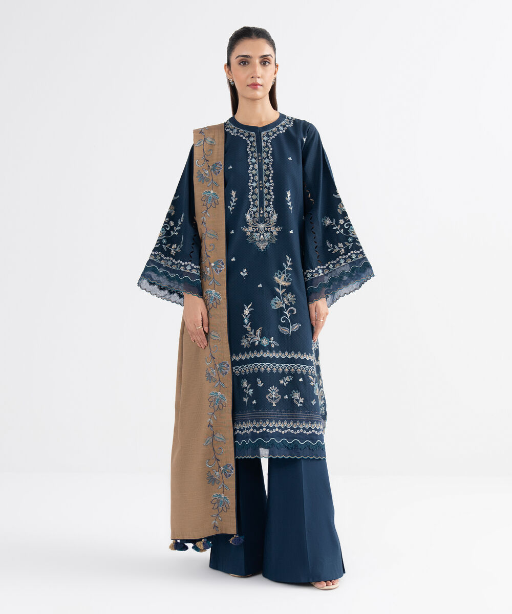 Women's Unstitched Dobby Embroidered Blue 3 Piece Suit