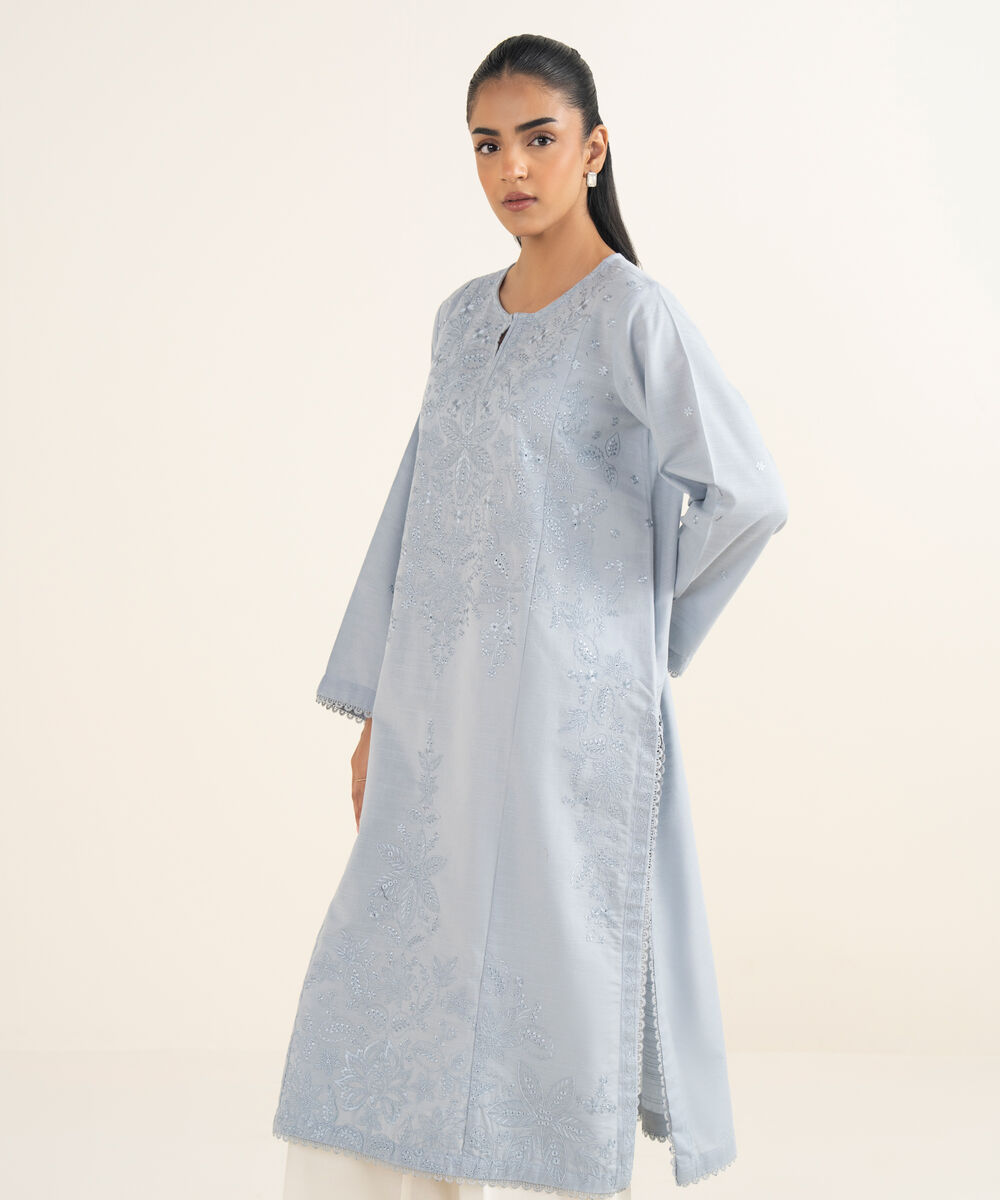 Women's RTW Cotton Embroidered A-Line Ice Blue Shirt