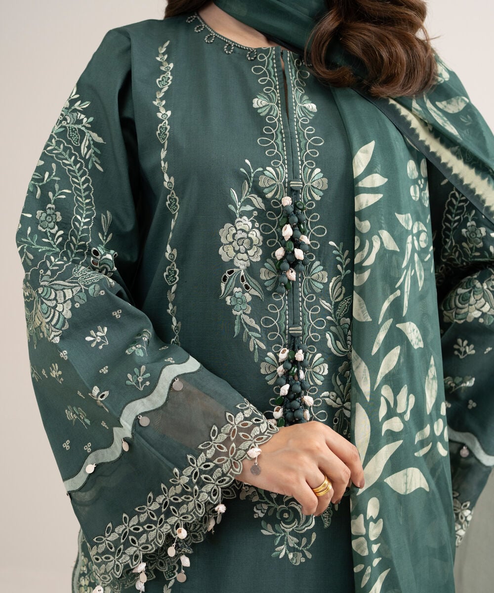 Women's Unstitched Dobby Embroidered Green 3 Piece Suit