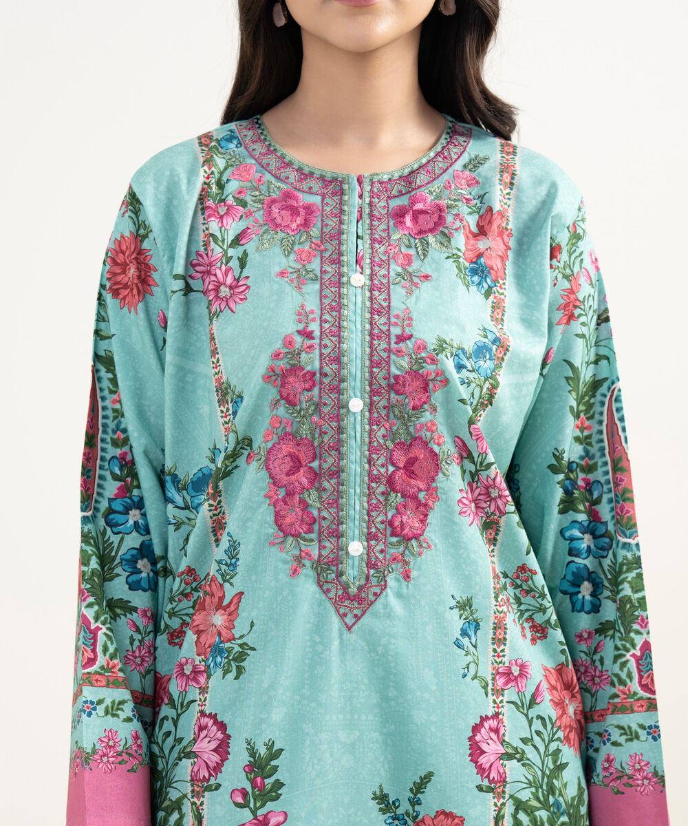 Women's RTW Cotton Viscose Embroidered Blue Straight Shirt