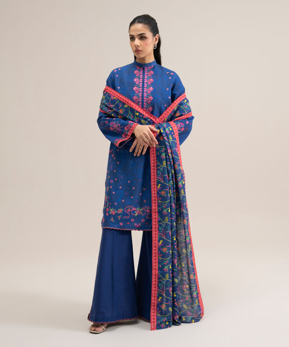 Women's Unstitched Lawn Embroidered Blue 3 Piece Suit