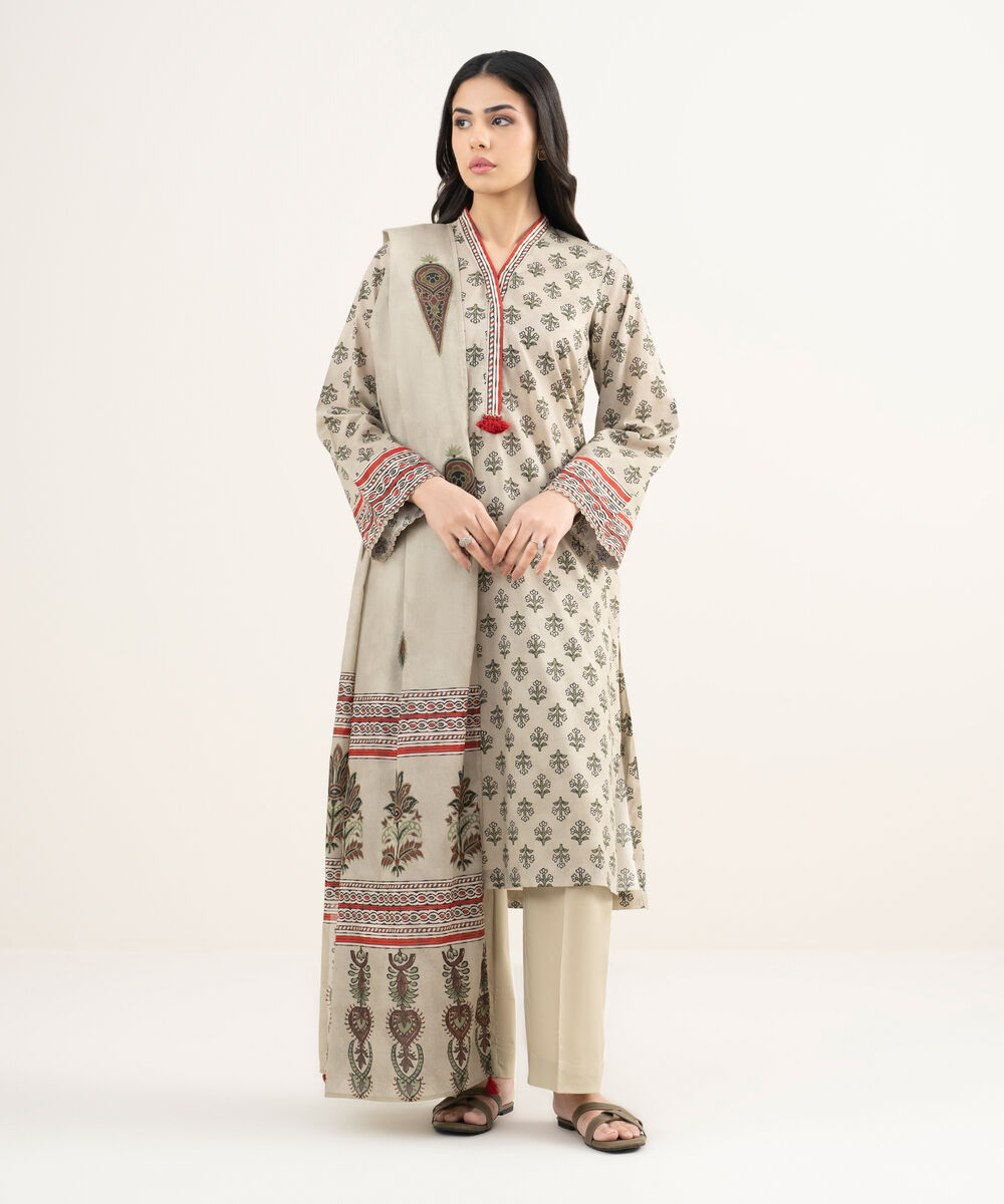 Women's RTW Lawn Printed Beige 3 Piece Suit