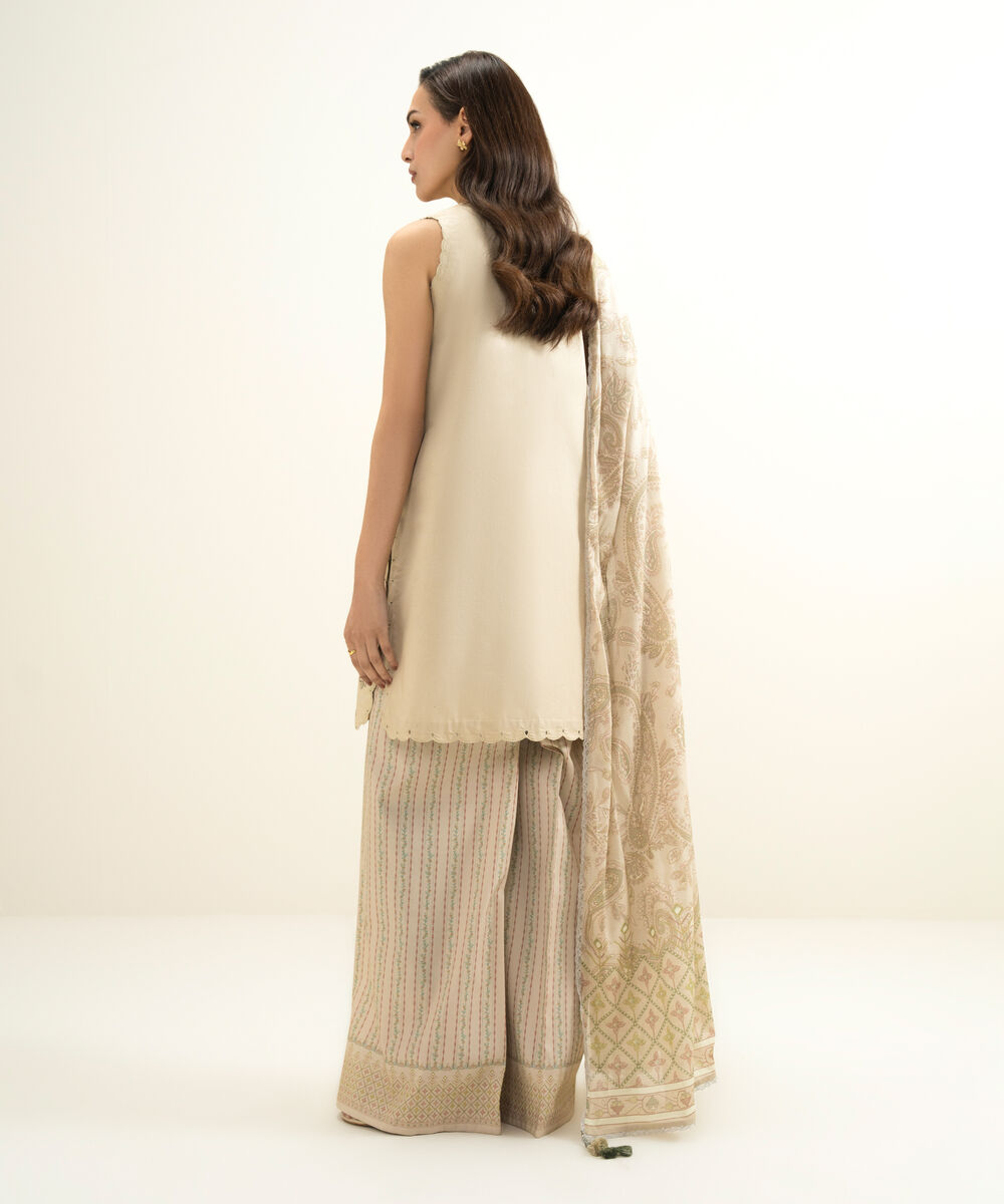 Women's Unstitched Lawn Embroidered Beige 3 Piece Suit