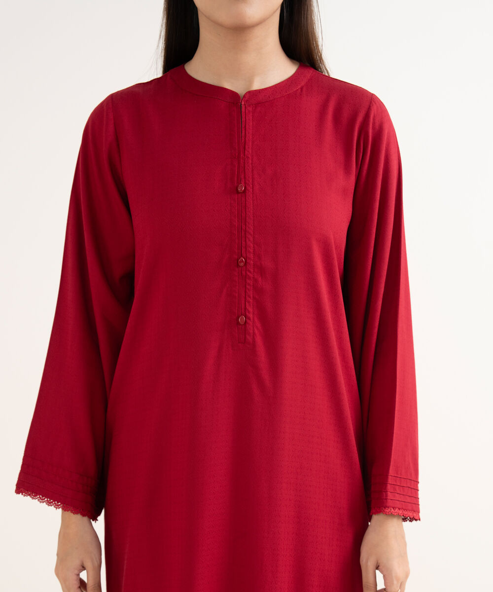 Women's RTW Textured Arabic Red Solid Straight Shirt