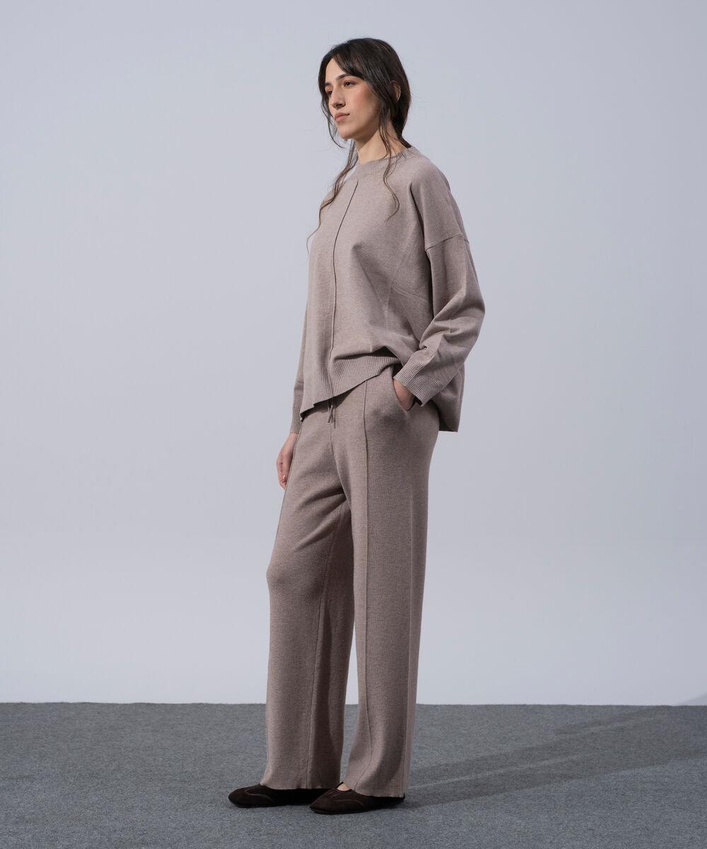 Women's Western Wear Melange Effect Off Brown Pull-On Knit Trousers