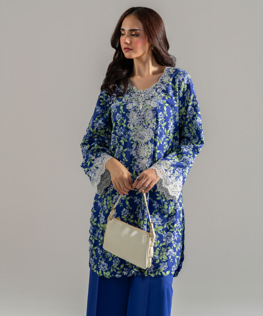Women's RTW Cotton Viscose Printed Embroidered Blue Straight Shirt