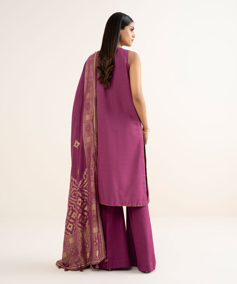 Women's Unstitched Embroidered Zari Khaddar Purple 3 Piece Suit