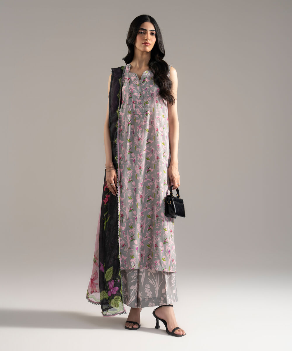 Women's RTW Viscose Raw Silk Printed Grey 3 Piece Suit