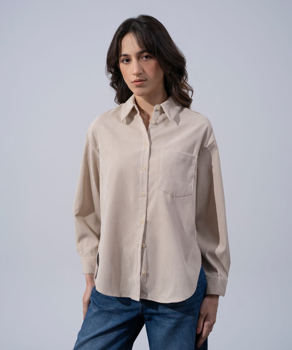 Women's Western Wear Beige Polyester Button Through Corduroy Shirt