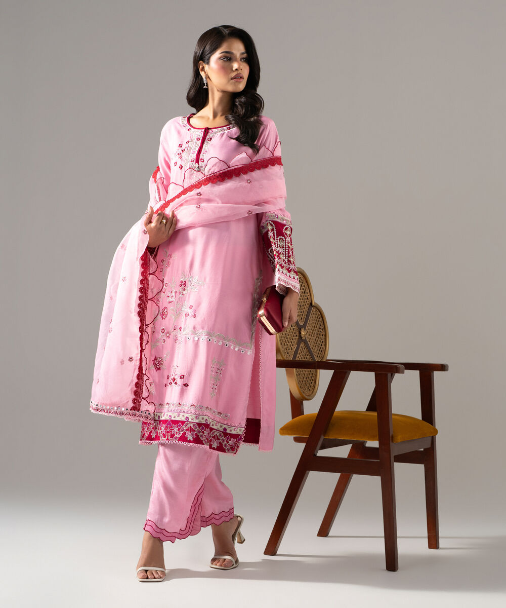 Women's RTW Raw Silk Solid Embroidered Pink 3 Piece Suit