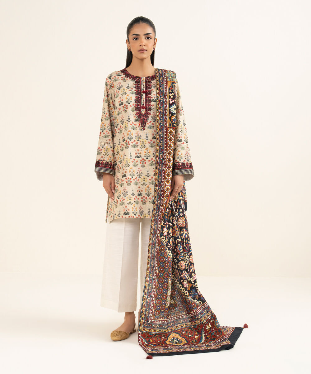 Women's RTW Cotton Embroidered Beige A-Line Shirt