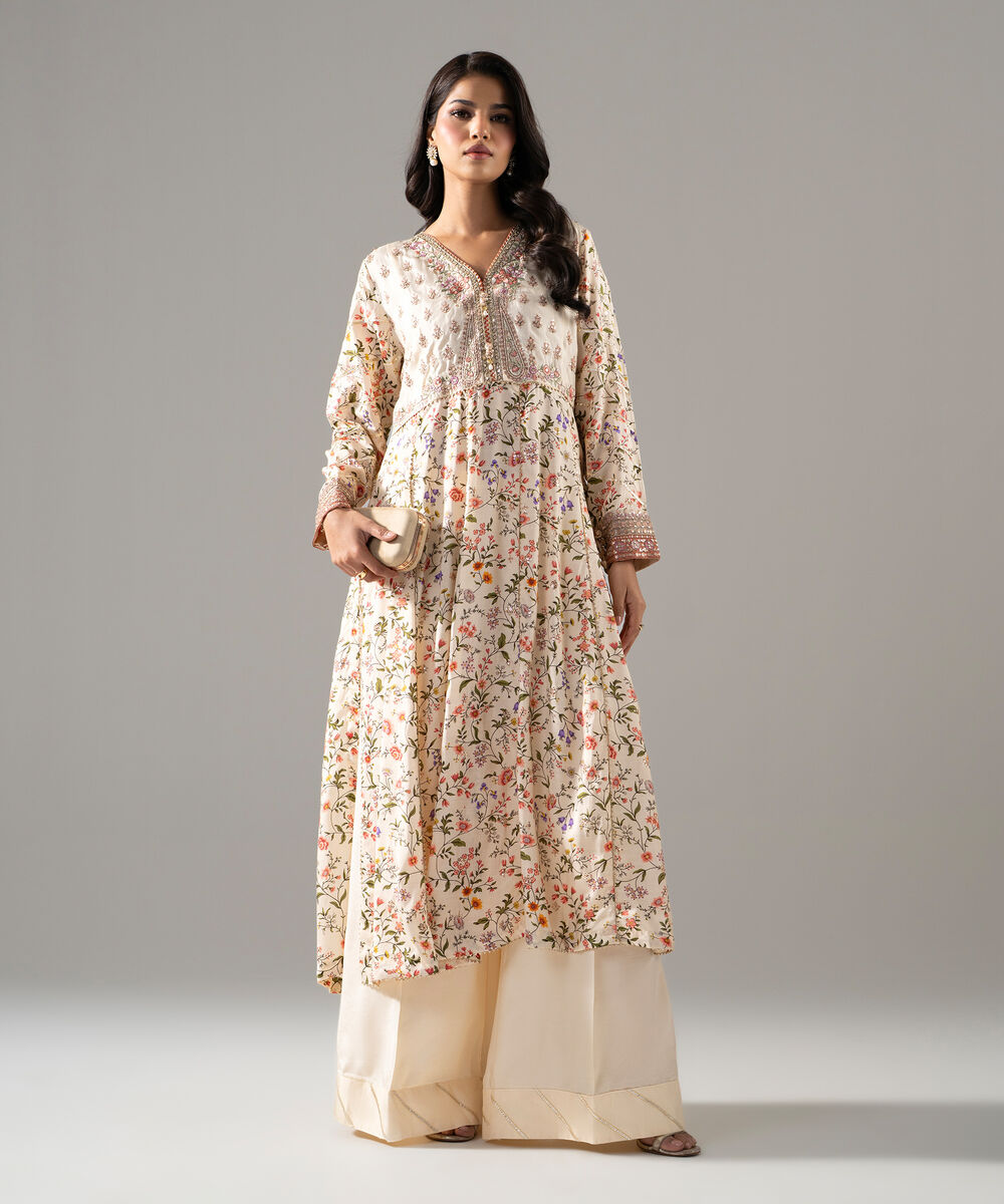 Women's RTW Bright Raw Silk Printed Beige 2 Piece Suit