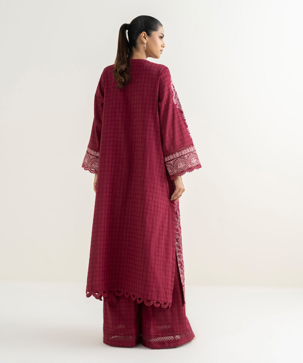 Women's RTW Textured Cotton Red Embroidered A-Line Shirt