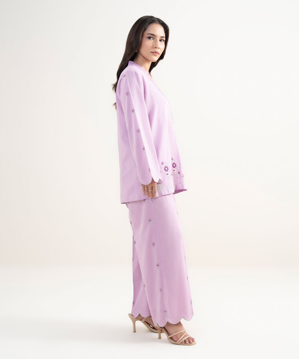 Women's RTW Dobby Embroidered Purple Straight Shirt