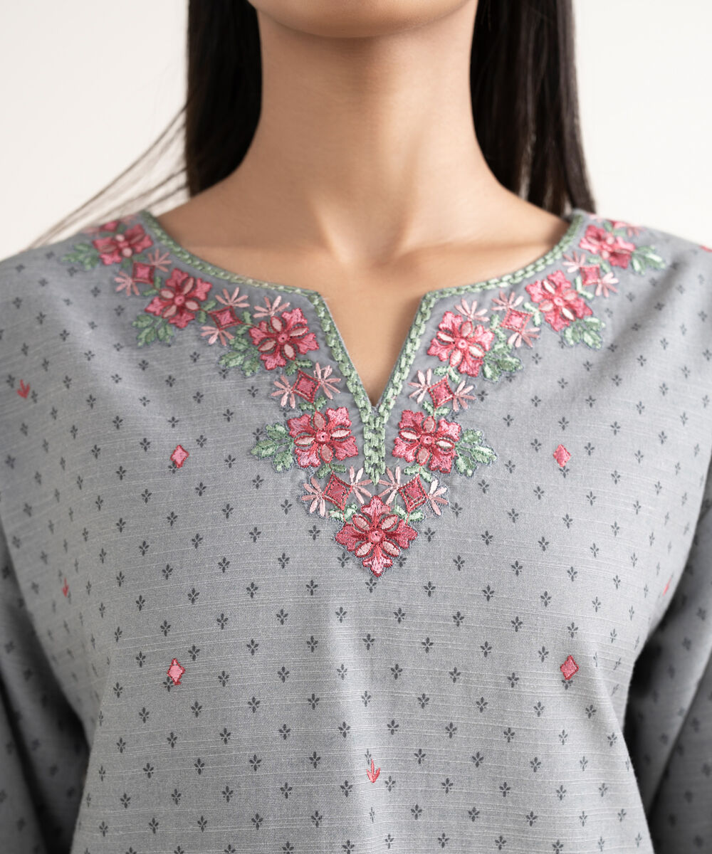 Women's Unstitched Khaddar Embroidered Grey 3 Piece Suit