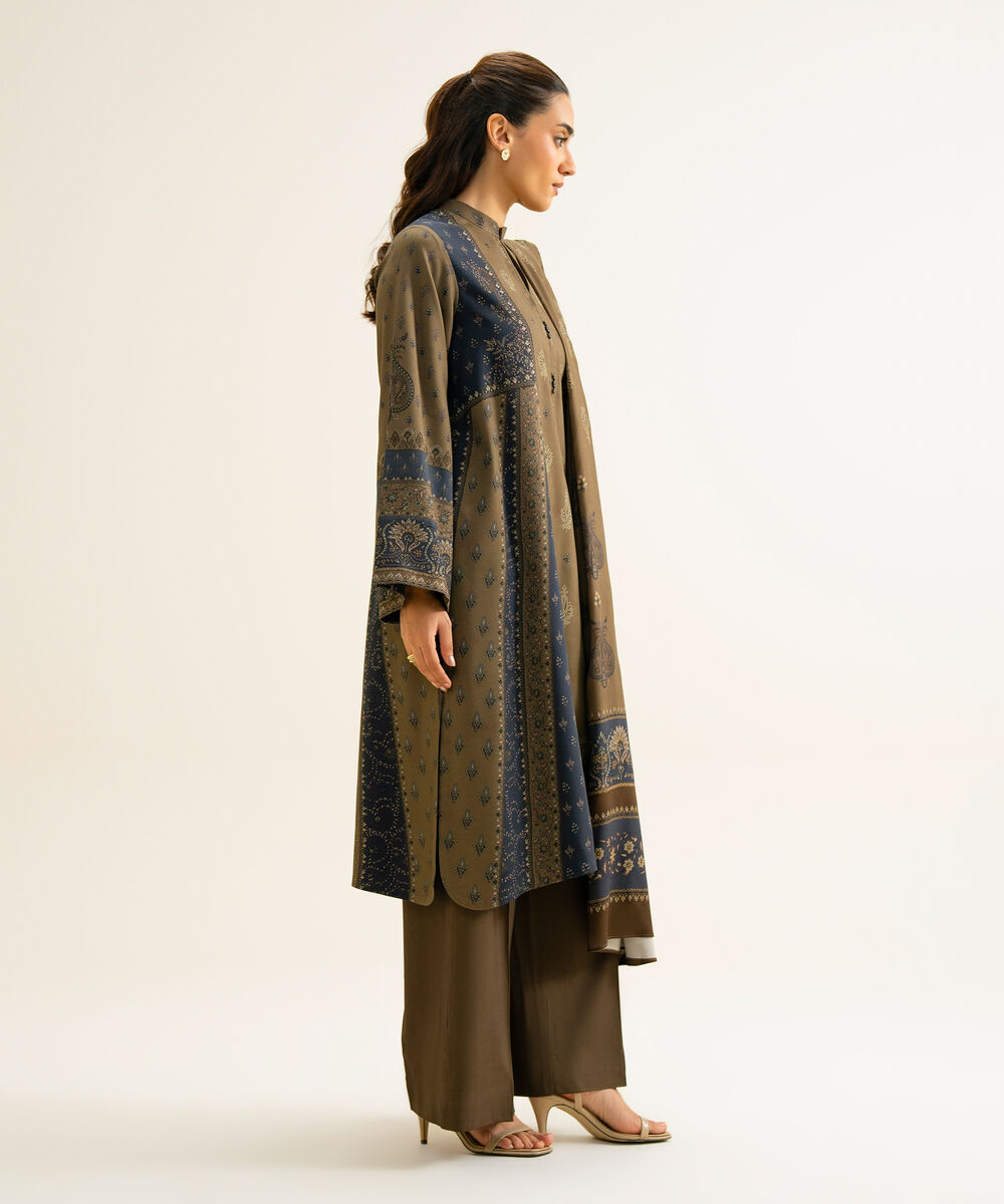 Women's Unstitched Viscose Linen Printed Brown 3 Piece Suit
