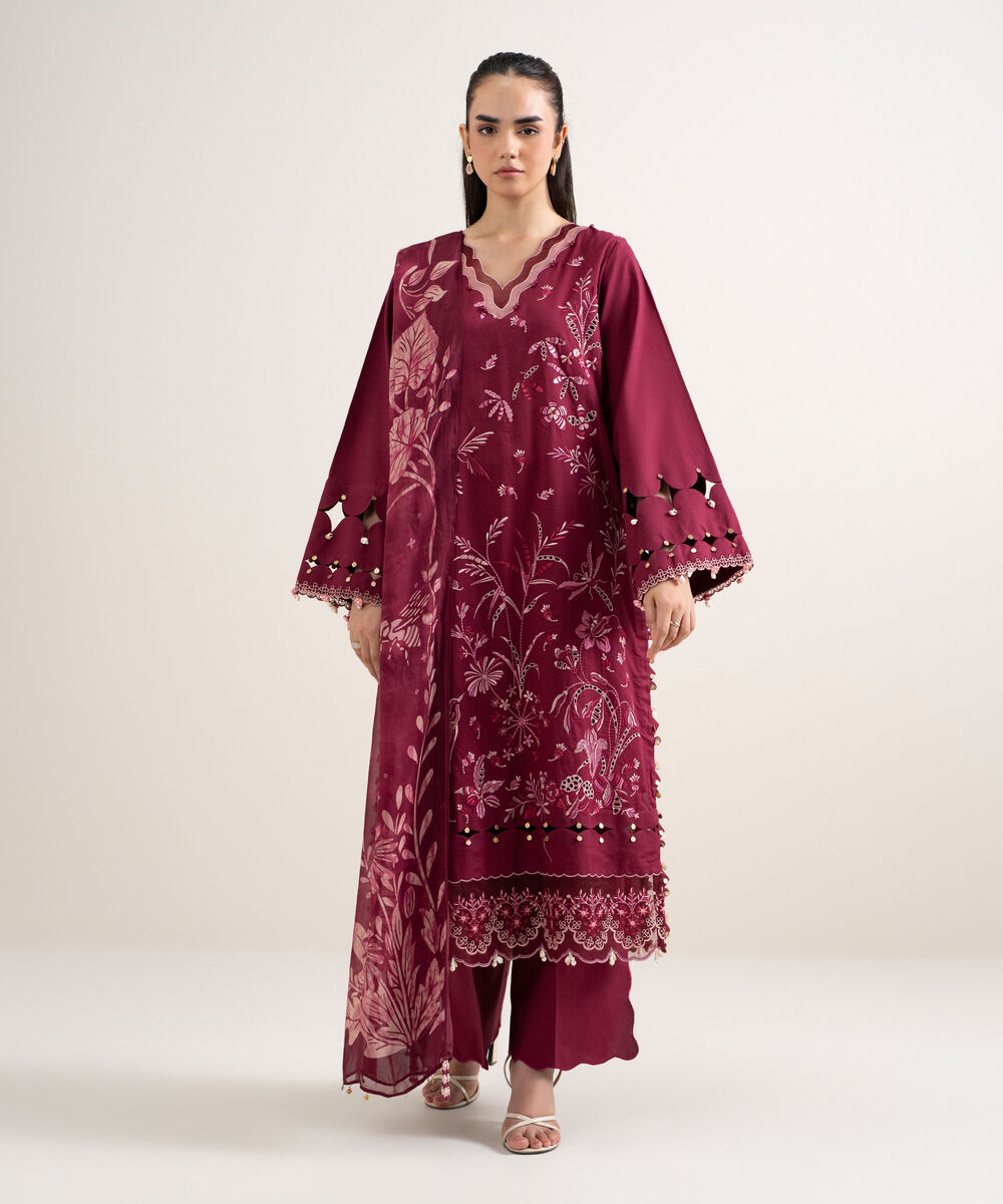 Women's Unstitched Textured Lawn Embroidered Red 3 Piece Suit