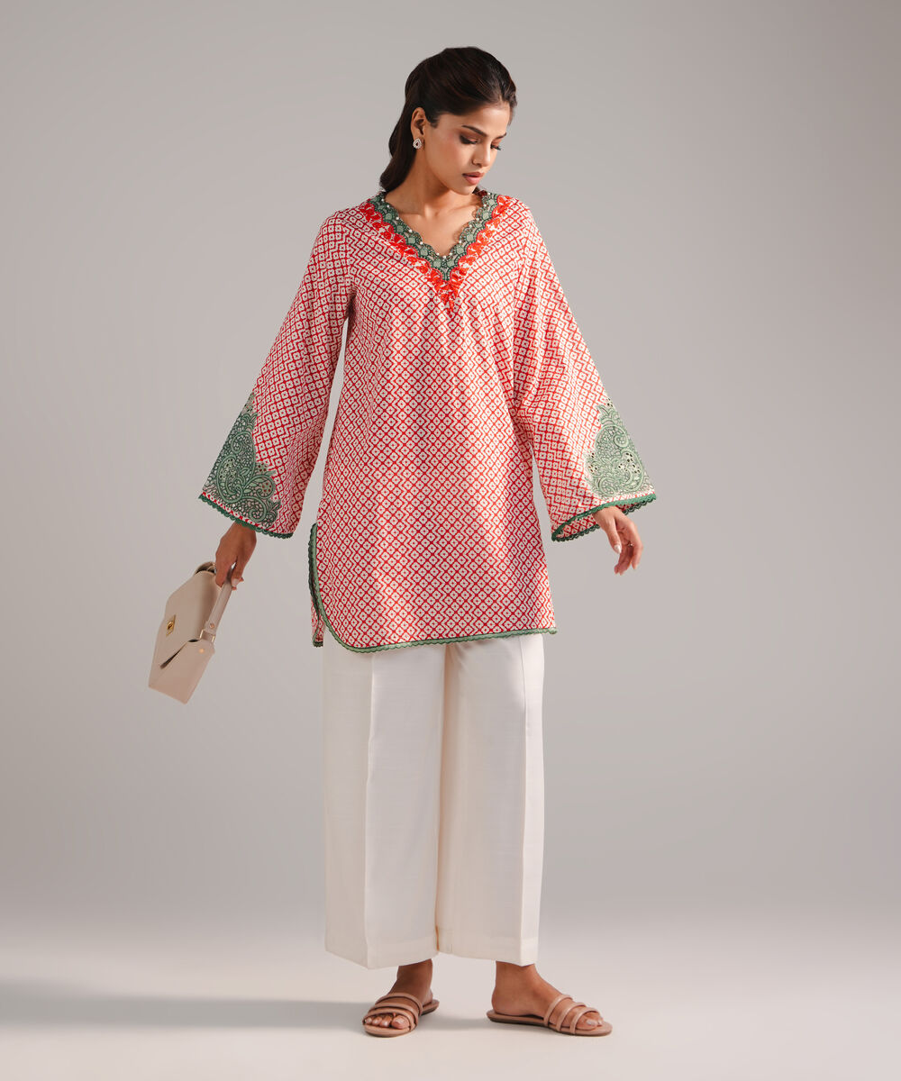 Women's RTW Lawn Embroidered Red Straight Shirt