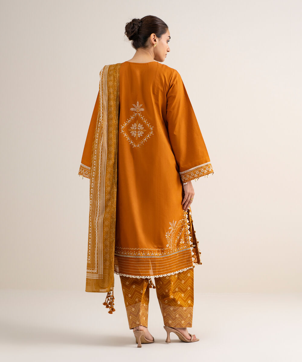Women's Unstitched Cotton Embroidered Orange 3 Piece Suit