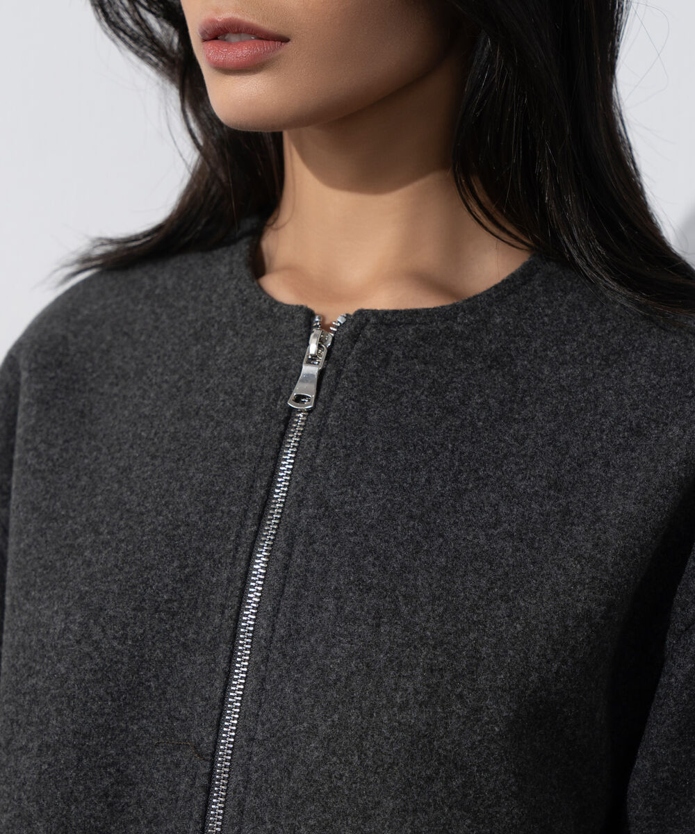 Women's Western Wear Grey Melange Zip-Up Puffed Jacket