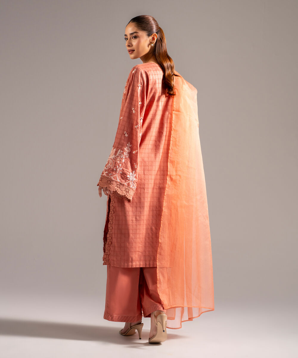 Women's RTW Dobby Embroidered Coral 3 Piece Suit