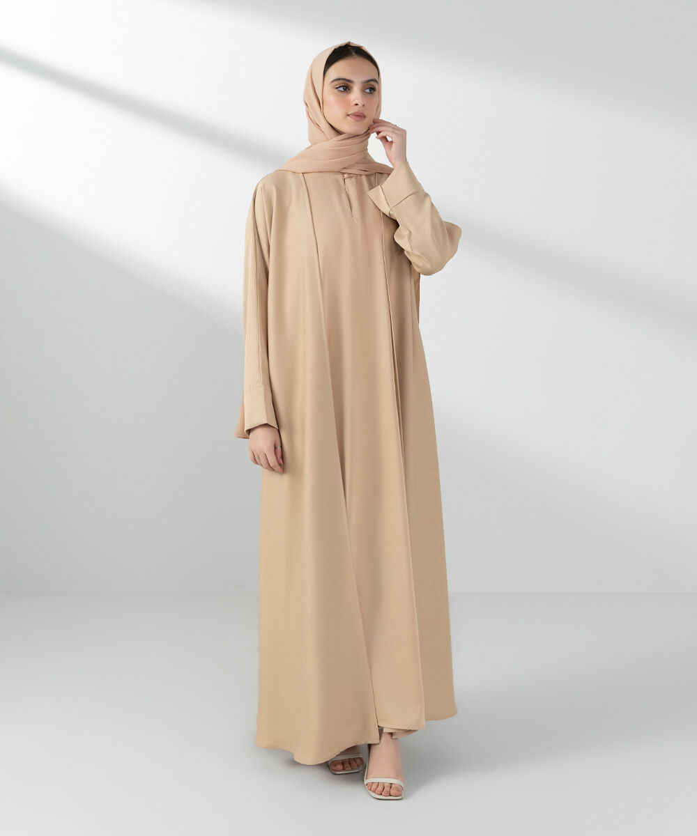 Woman - Beige Double Layered Abaya Set