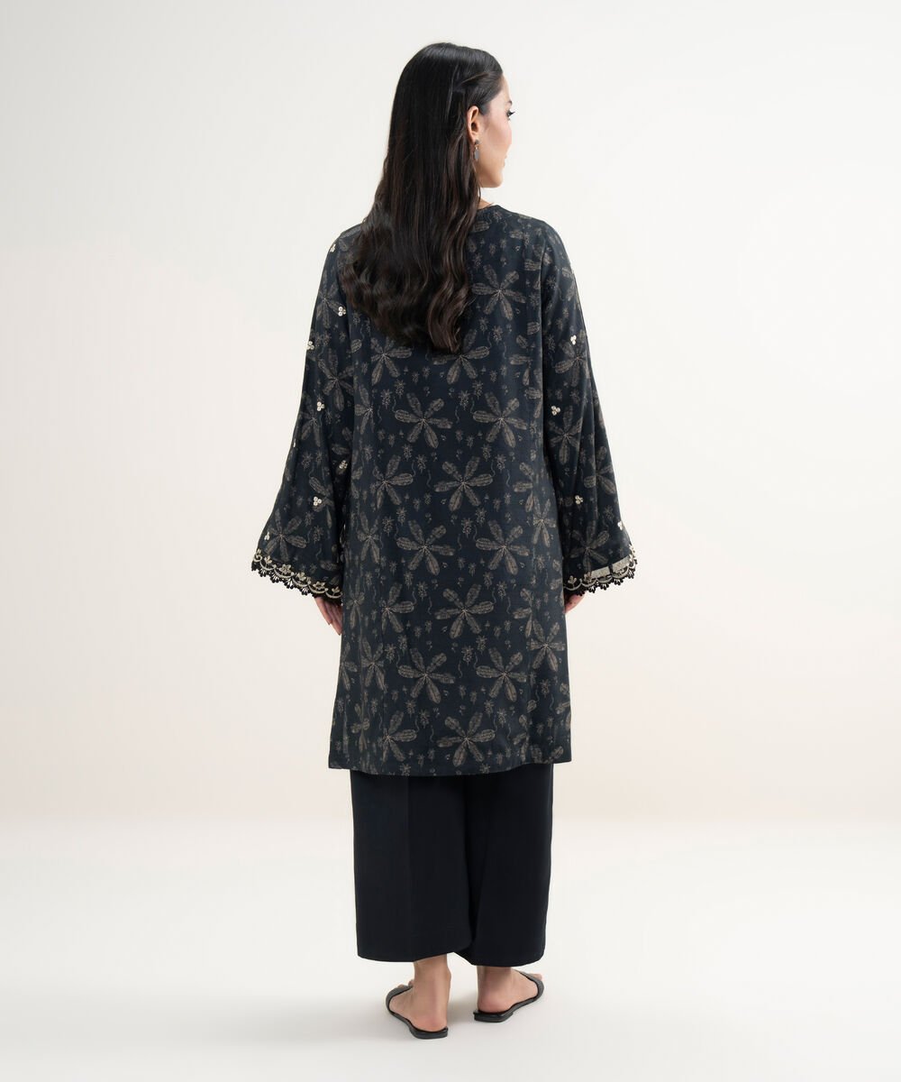 Women's RTW Viscose Raw Silk Embroidered Black Straight Shirt