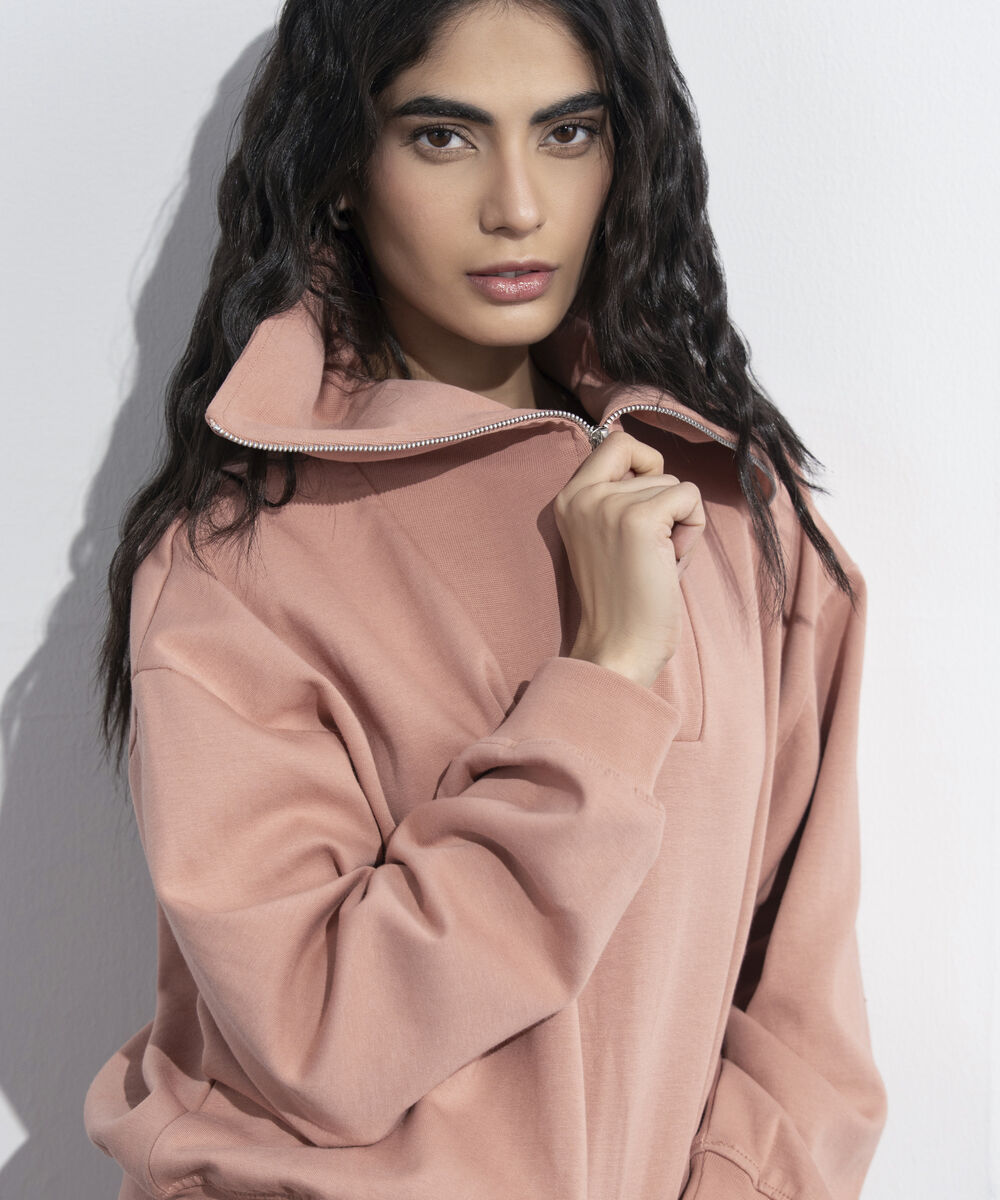 Women's Western Wear Pink Ribbed Neck Sweatshirt