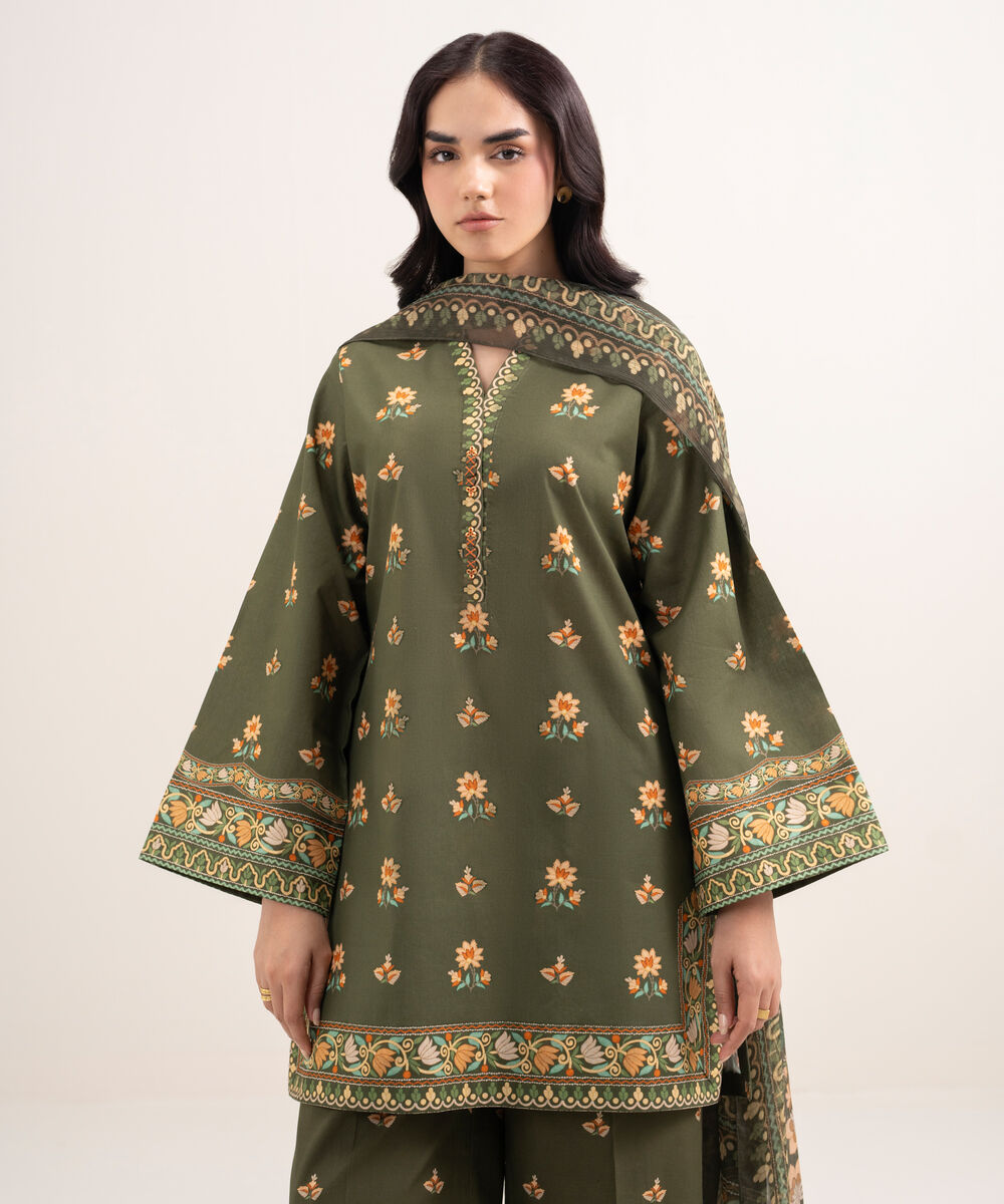 Women's Unstitched Lawn Printed Green 3 Piece Suit
