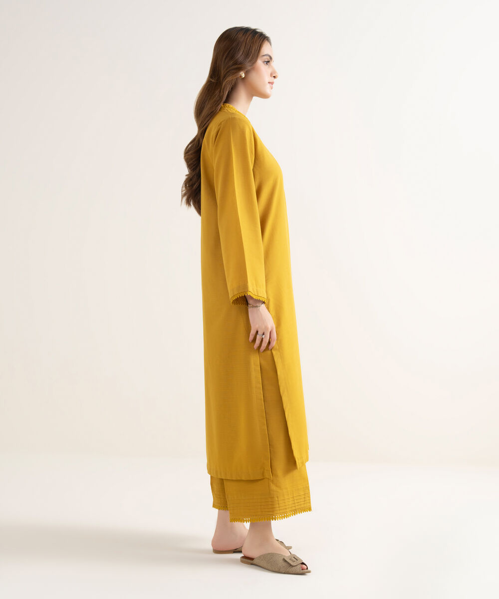 Women's RTW Khaddar Solid Straight Yellow Shirt