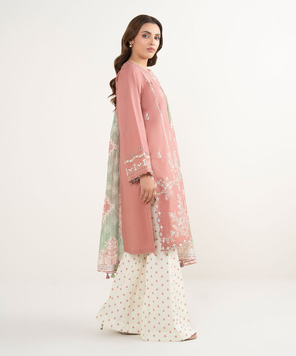 Women's Unstitched Textured Lawn Embroidered Pink 3 Piece Suit