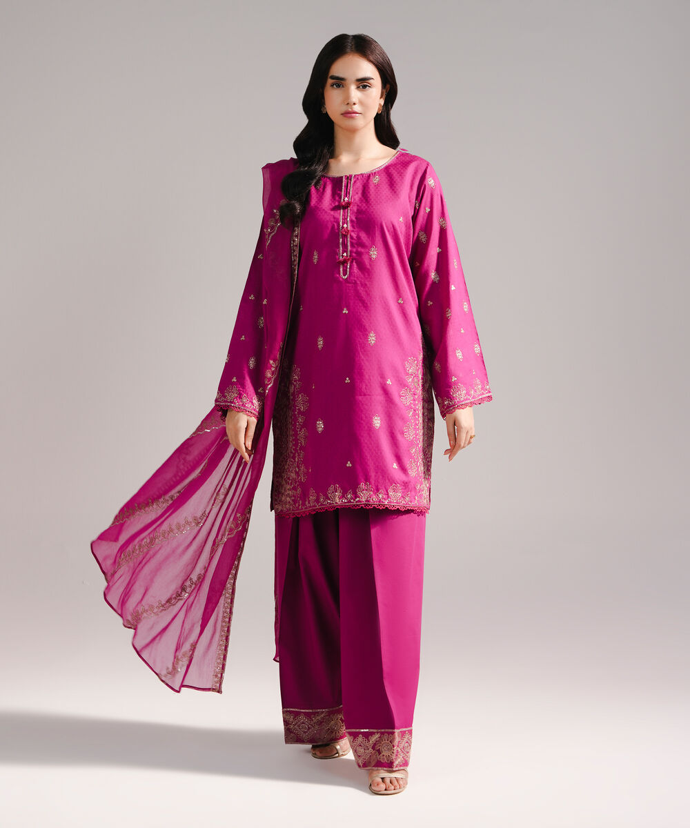 Women's RTW Dobby Embroidered Pink 3 Piece Suit