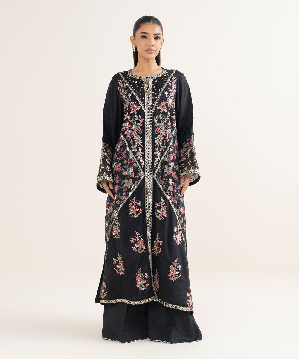 Women's RTW Viscose Raw Silk Embroidered Black 2 Piece Suit
