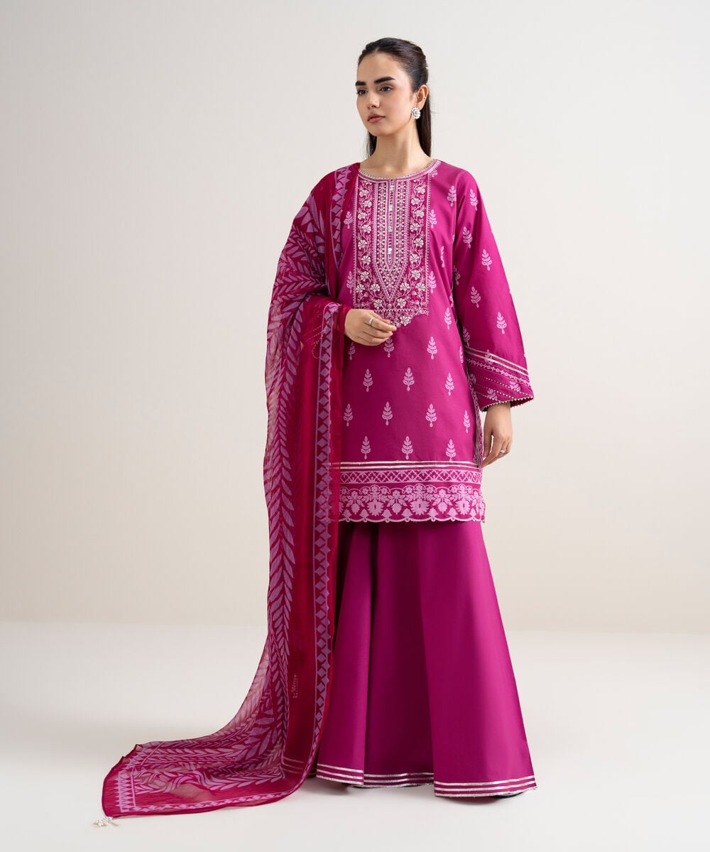 Women's Unstitched Cotton Embroidered Pink