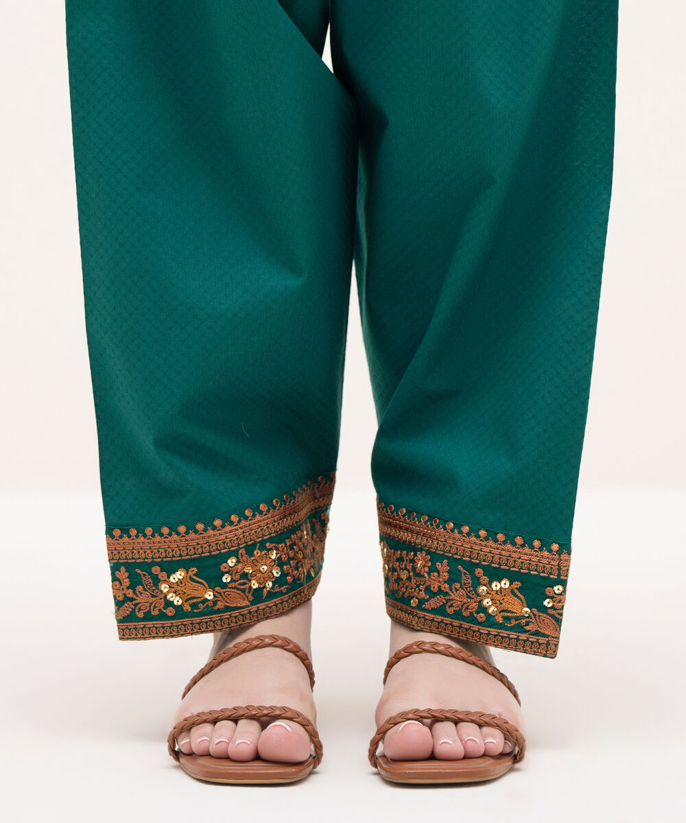 Women's RTW Textured Lawn Green Embroidered Shalwar