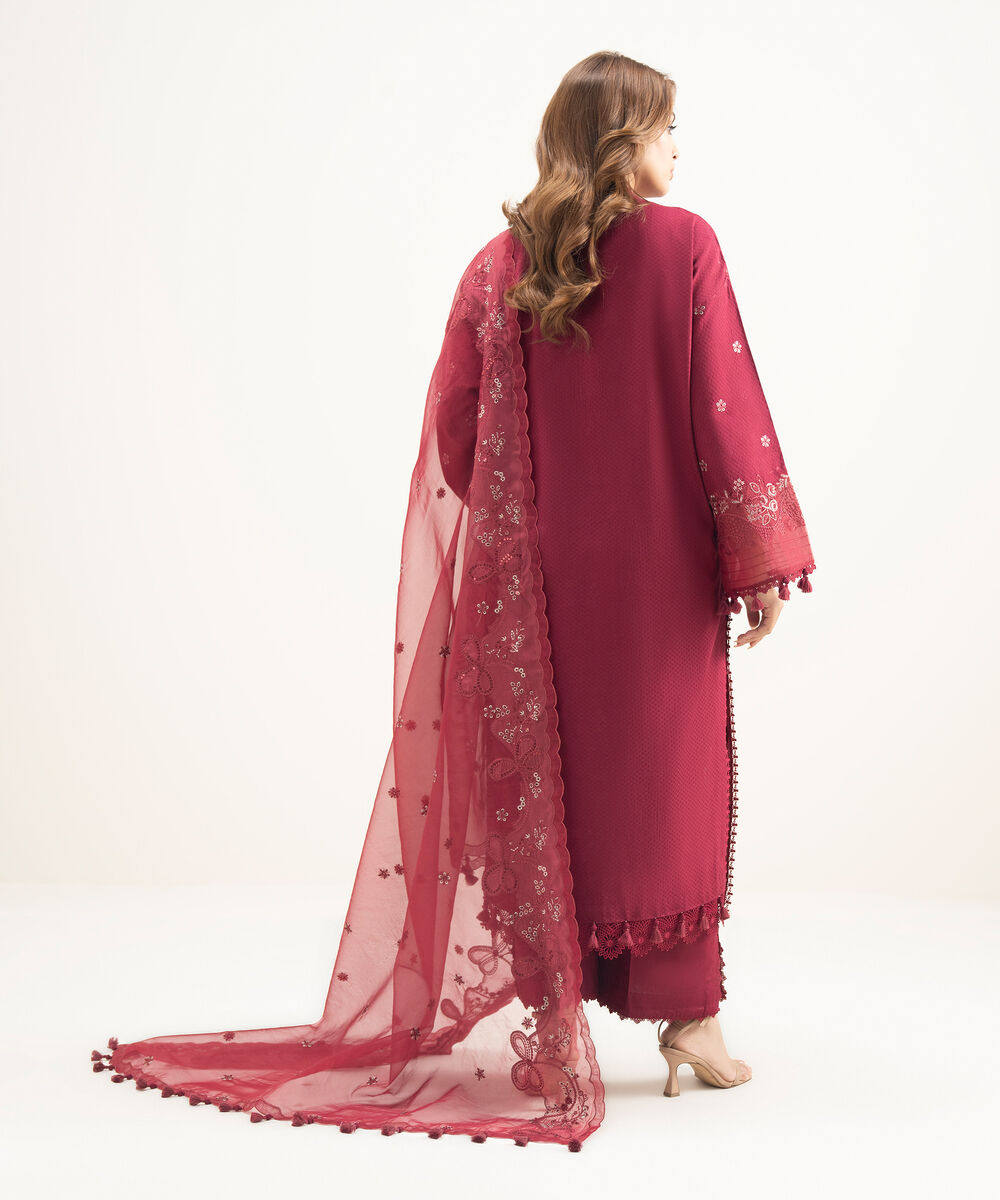 Women's Unstitched Dobby Embroidered Red 3 Piece Suit