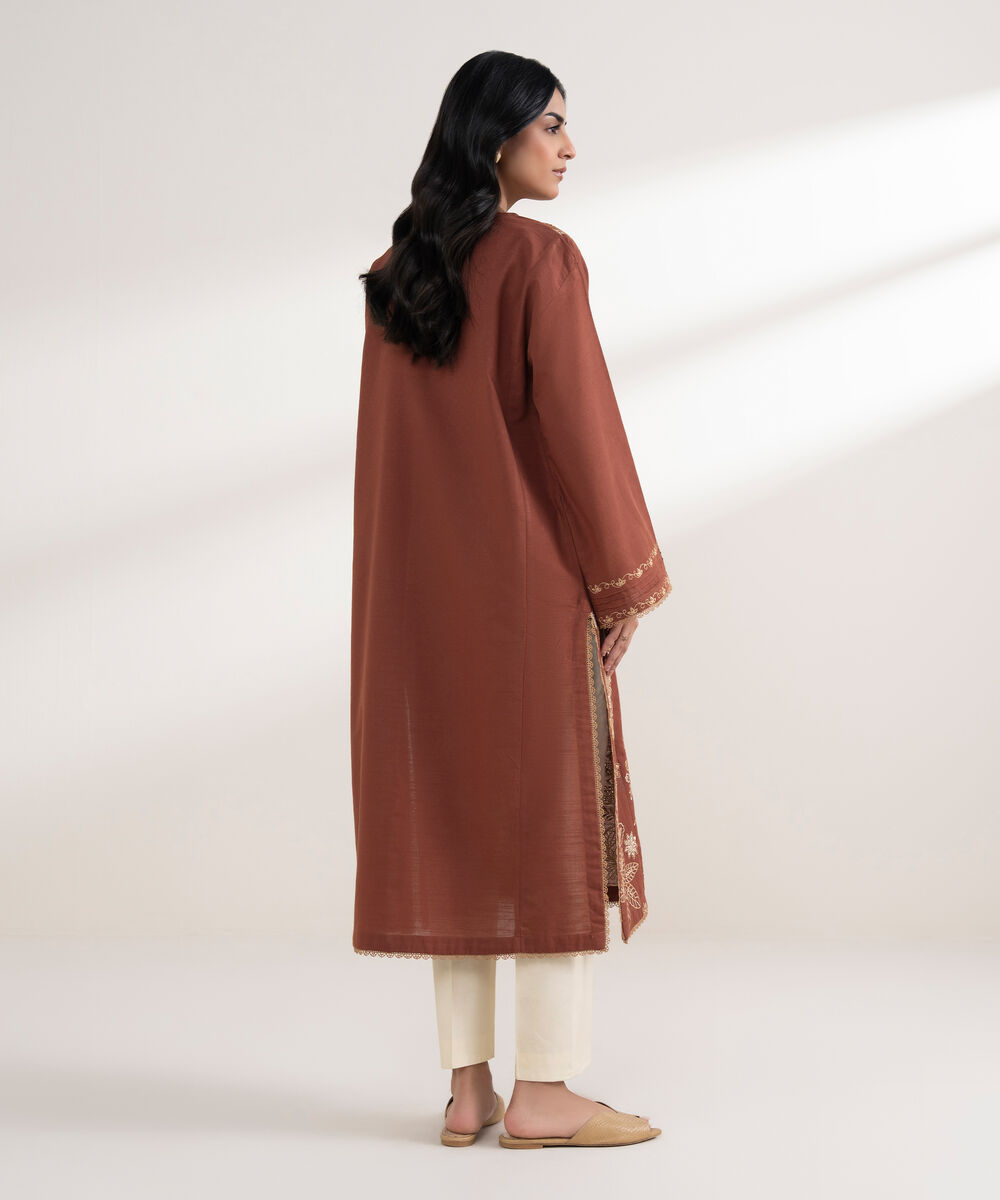 Women's RTW Light Khaddar Embroidered Rust A-Line Shirt