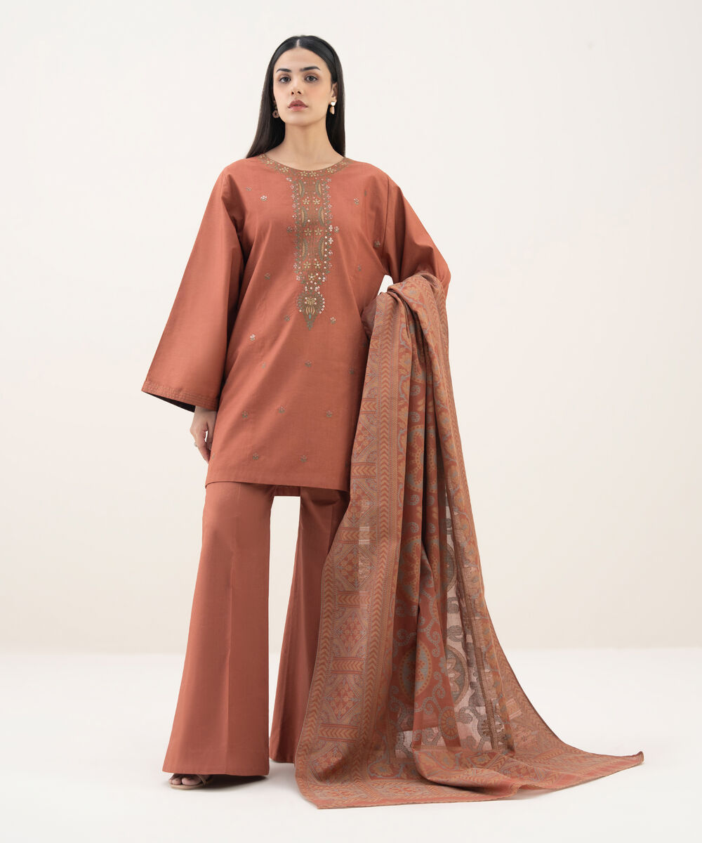 Women's Unstitched Cotton Embroidered Brown 3 Piece Suit