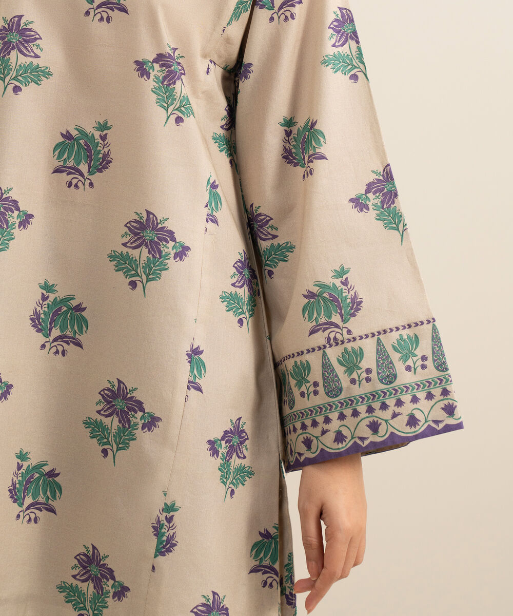 Women's Unstitched Lawn Printed Beige 3 Piece Suit