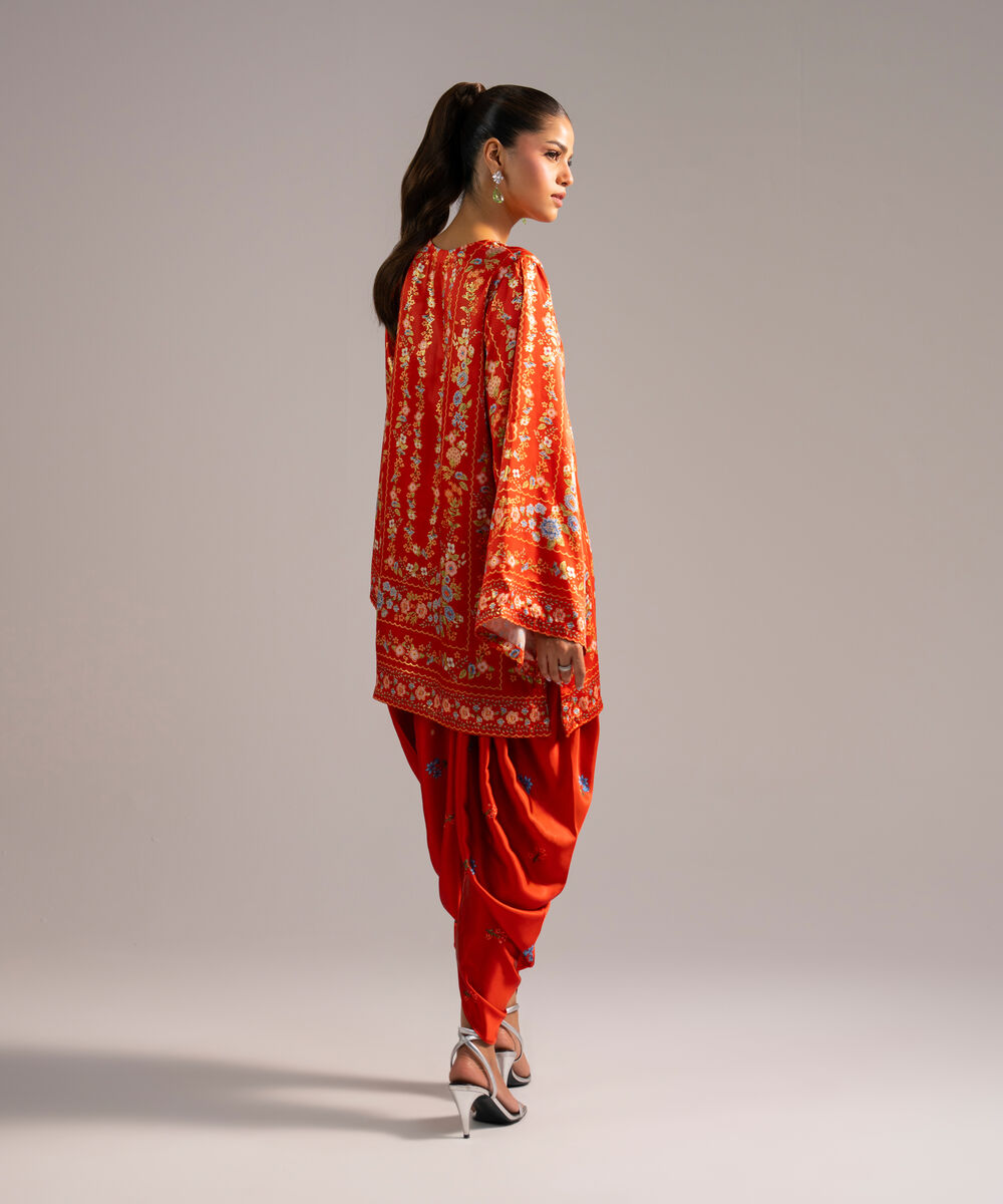 Women's RTW Blended Satin Printed Rust 2 Piece Suit